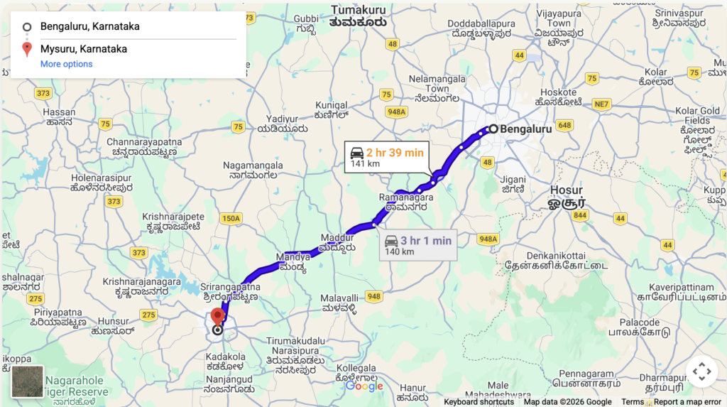 Route via NH 275 (Bangalore-Mysore Highway)